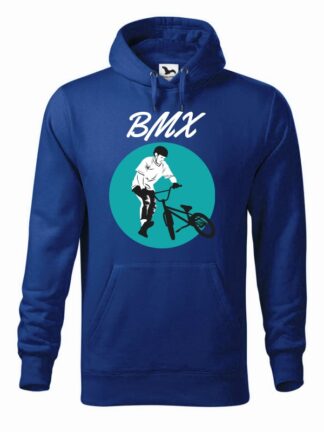 Niebieska, wkładana bluza męska typu „kangur”, z biało-czarno-turkusowym nadrukiem kolarza BMX oraz napisem BMX.