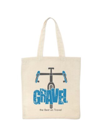Ekotorba bawełniana w kolorze ecru z szaro-niebieską grafiką roweru typu gravel oraz napisem Gravel, the Best on Travel.