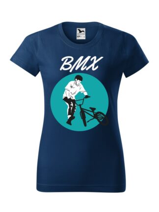 Granatowa koszulka damska z krótkim rękawem i biało-czarno-turkusowym nadrukiem kolarza BMX oraz napisem BMX.