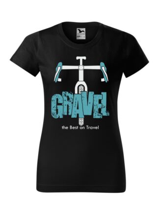 Czarna koszulka damska z biało-niebieską grafiką roweru typu gravel oraz napisem Gravel, the Best on Travel.