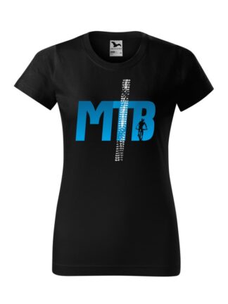 Czarna koszulka damska z krótkim rękawem i niebieskim, stylizowanym napisem MTB.