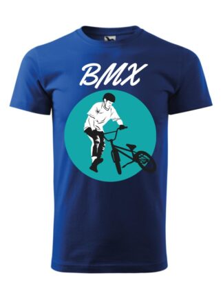 Niebieska koszulka męska z krótkim rękawem i biało-czarno-turkusowym nadrukiem kolarza BMX oraz napisem BMX.