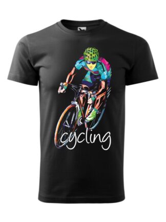 Czarna koszulka męska z krótkim rękawem i kolorowym, geometrycznym wizerunkiem kolarza szosowego oraz białym napisem Cycling.