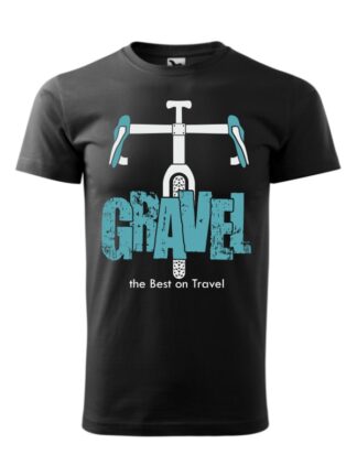 Czarna koszulka męska z biało-niebieską grafiką roweru typu gravel oraz napisem Gravel, the Best on Travel.