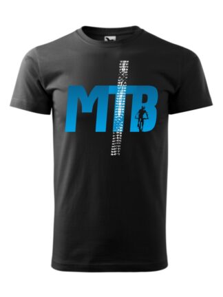Czarna koszulka męska z krótkim rękawem i niebieskim, stylizowanym napisem MTB.