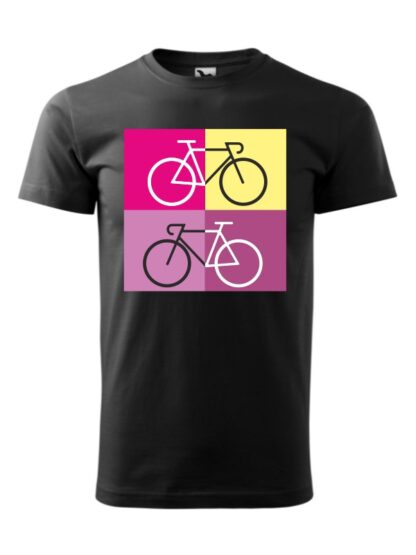 Czarna koszulka męska z krótkim rękawem i sylwetką rowerów szosowych na tle kolorowych kwadratów.