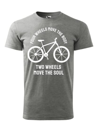 Szara koszulka męska z krótkim rękawem oraz białą sylwetką roweru i białym napisem Four Wheels Move The Body, Two Wheels Move The Soul.