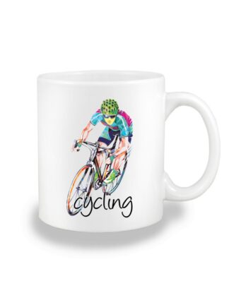 Biały kubek ceramiczny z kolorowym, geometrycznym wizerunkiem kolarza szosowego oraz czarnym napisem Cycling.