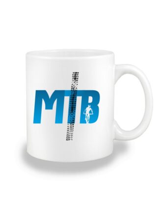 Biały kubek ceramiczny z niebieskim, stylizowanym napisem MTB.