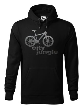 Czarna, wkładana bluza męska typu „kangur”, z nadrukiem roweru MTB oraz podpisem City Jungle.