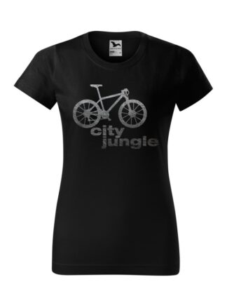 Czarna koszulka damska z krótkim rękawem i nadrukiem roweru MTB oraz podpisem City Jungle.