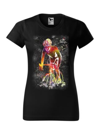 Czarna koszulka damska z krótkim rękawem i kolorowym rysunkiem kolarza szosowego.