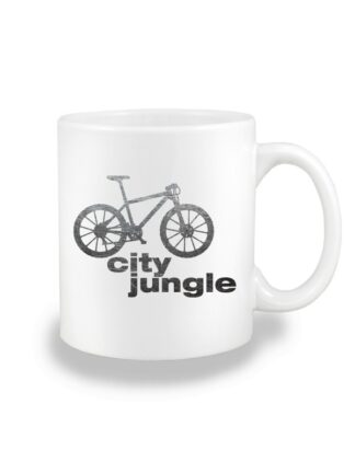 Biały kubek ceramiczny z nadrukiem roweru MTB oraz podpisem City Jungle.